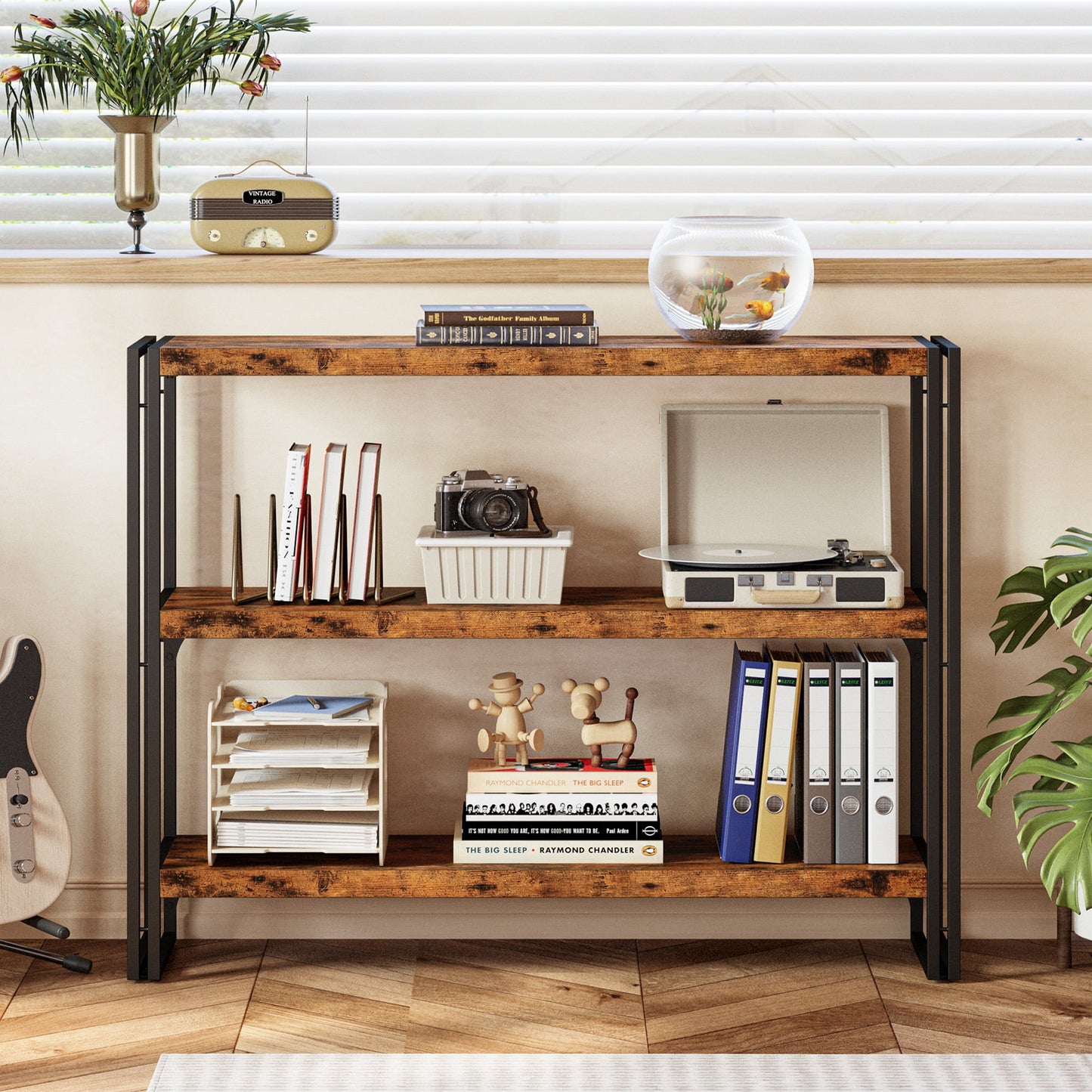 IRONCK Bookshelves Industrial 3 Shelf Bookcase for Living Room, Vintage Brown